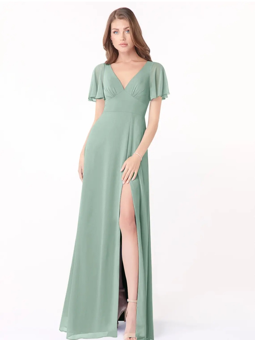 Azazie Sage Green V-Neck Bridesmaid Gown